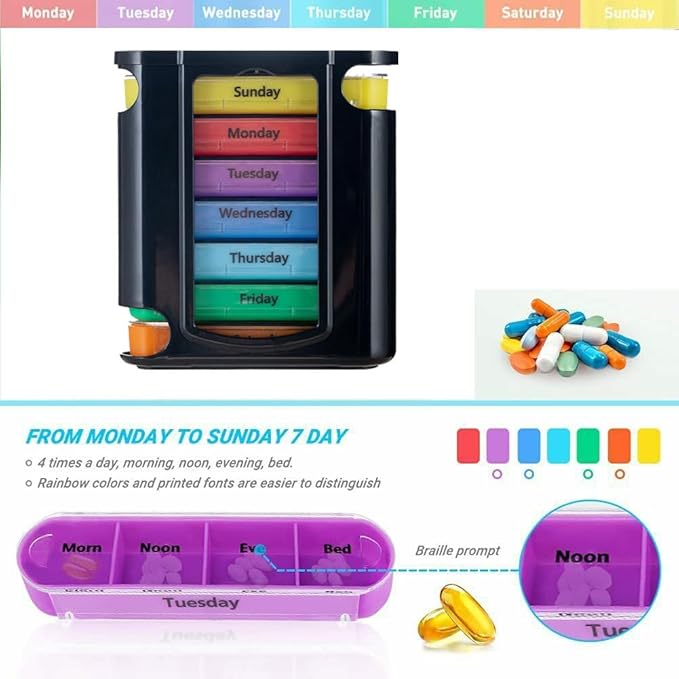 Drawer (7-Day) Pill Case, Weekly Medicine Planner, Vitamin Organizer, 4 Times a Day,Travel Medicine Pill Organizer Portable Large Compartment to Hold Medicine, Vitamin and, Clear Lids(Black)