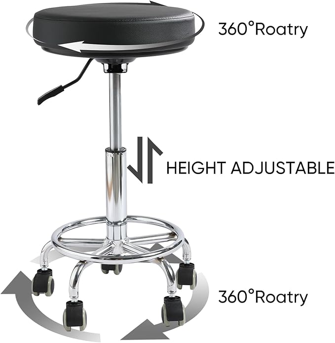 Adjustable Rolling Stool with Wheels - Ergonomic Salon & Tattoo Artist Chair, Office Stool with Comfortable PU Leather Seat,Black