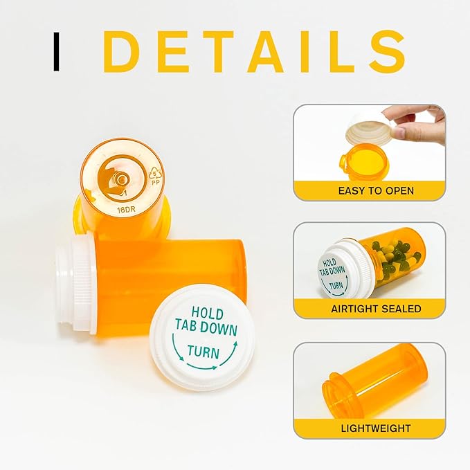 Prescription Reversible Thumb Tab Vials,Pill Bottles with Child Resistant Cap,Empty Medicine Bottles with Caps,Medicine Container for Personal Medication & Pharmacy.(16dram,12pcs)