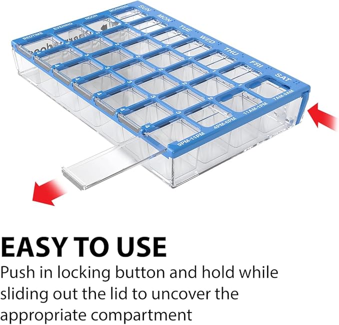 EZY DOSE Weekly AM/PM (7-Day) Daily Pharmadose Pill Planner, Medicine Case, Vitamin and Supplement Organizer, Small Easy Fill Compartments, 4 Times a Day, 28 Compartments, Blue, BPA Free