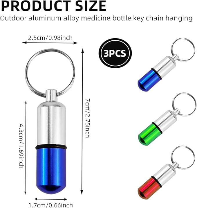 3Pcs Keychain Pill Case Portable Metal Medication Holder Aspirin Container Waterproof Mini Pill Box for Travel Outdoor (Red,Blue,Green)