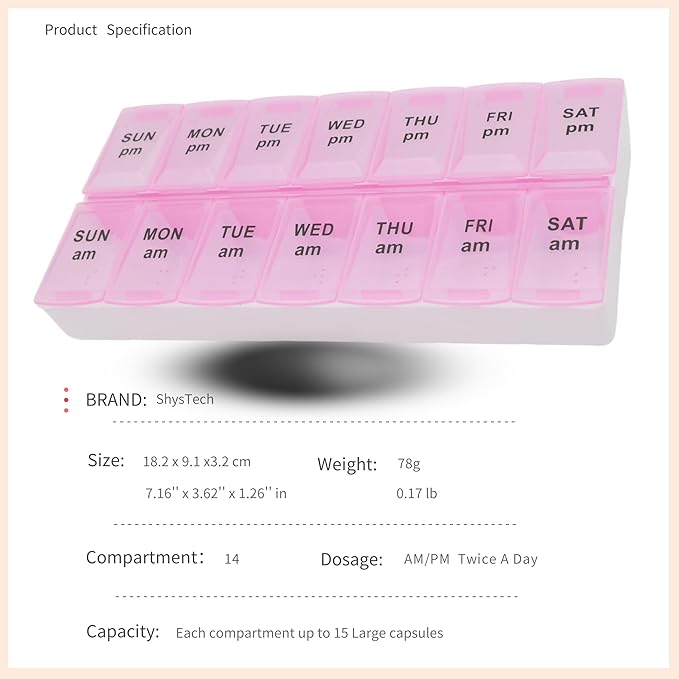 7 Day Weekly Pill AM PM Organizer, ShysTech Large Pill Case Pill Box for Pills/Vitamin/Supplements/Medication (Pink, Regular)
