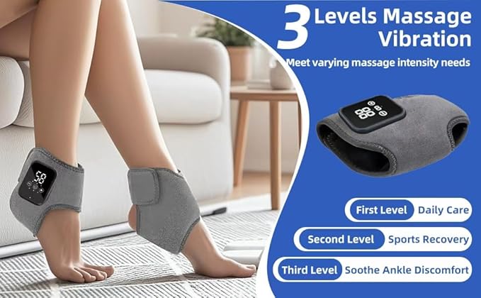 Cordless Ankle Heating Pad, Foot Renew, Ankle Massager for Pain Relief & Circulation, 3 Levels of Heat and Vibration Adjustable, Smart Timer, Gifts for Dad Mom Men Women. (GRAY-2PCS)