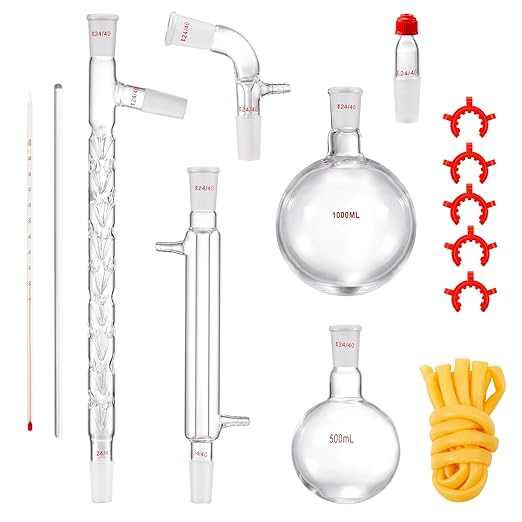 VEVOR Laboratory Distillation Set, 3.3 Borosilicate Glass Equipment with 24/40 Joint, 1000ml Capacity for Essential Oil Extraction, 14-Piece Glassware Kit