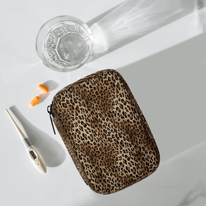 Leopard Print Brown Pill Case Everyday Travel, 7 Day Weekly Medicine Pill Box Compact Portable Pills Bottle Organizer with Zipper for Daily Vitamin Medicine Holder Bottle Organizers Bag