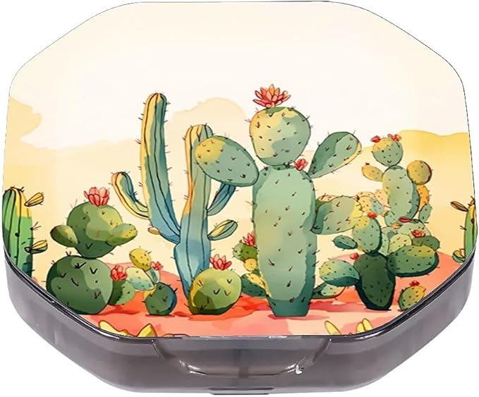 This Portable Cacti in The Desert Pattern 4 Compartment Pill Box Can Be Placed in A Pocket Or Wallet to Store Vitamins, Medicines Health Supplements Other Medications.