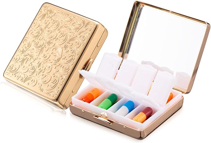 Portable Metal Travel Medicine Box with a Mirror / 8 Compartments (Gold)