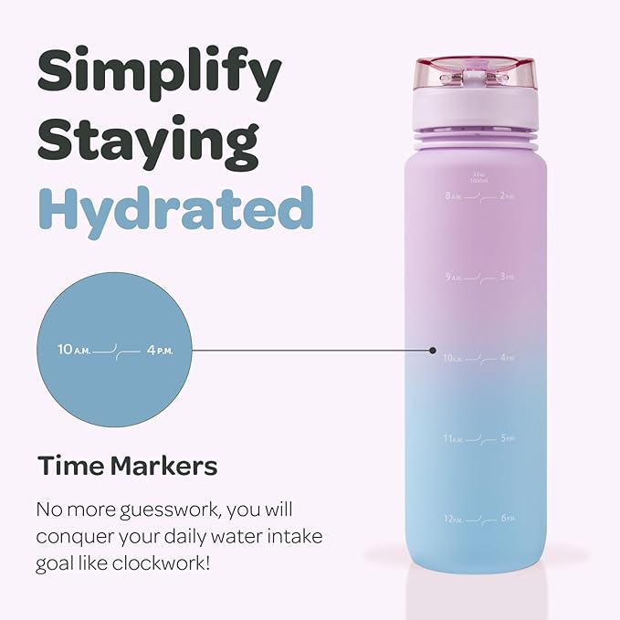 Hydracy Water Bottle with Time Marker -Large 32oz BPA Free Gradient Water Bottle - Leak Proof Gym Bottle with Fruit Infuser Strainer & Times to Drink -Ideal for Fitness Sports & Outdoors