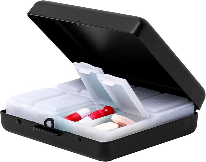 Fashion Elegant Medicine Portable Double Protection Switch Metal Travel Pill Box (7 Days) /8 Compartment (786822, Black)