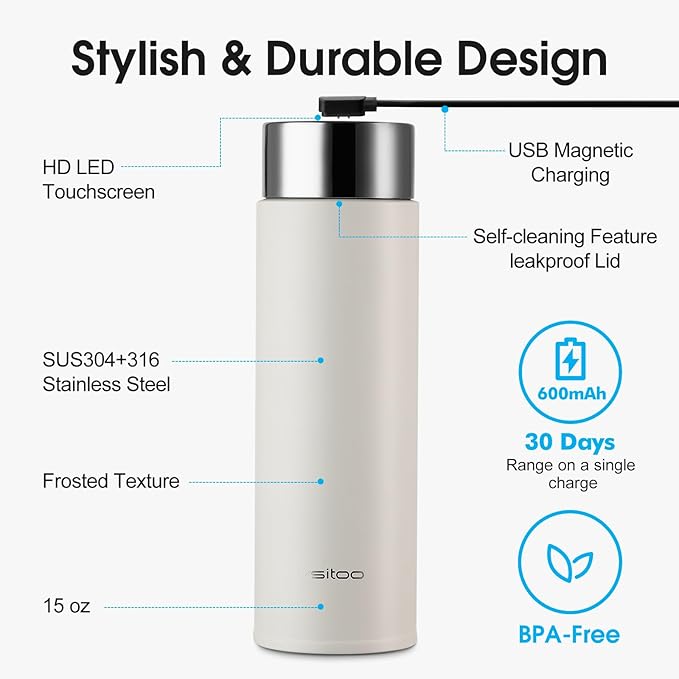 Vsitoo Smart self cleaning Insulated Water Bottle, 15oz Stainless Steel Vacuum Flask, AI Self-Clean, 30-Day Battery Life, BPA-Free, Magnetic Charging, Portable Travel Mug Gifts for Men Women, White