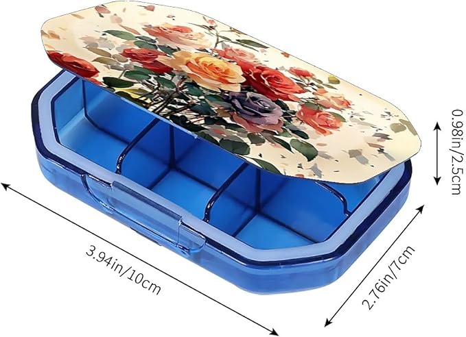 This Portable Watercolor Rose Pattern 6-Compartment Pillbox Can Be Placed in A Pocket Or Wallet to Store Vitamins, Medicines Fish Oil Health Supplements Other Medications.
