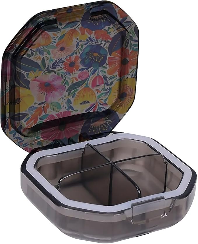 This Portable Bohemian Style Flower Pattern 4 Compartment Pill Box Can Be Placed in A Pocket Or Wallet to Store Vitamins, Medicines Health Supplements Other Medications.