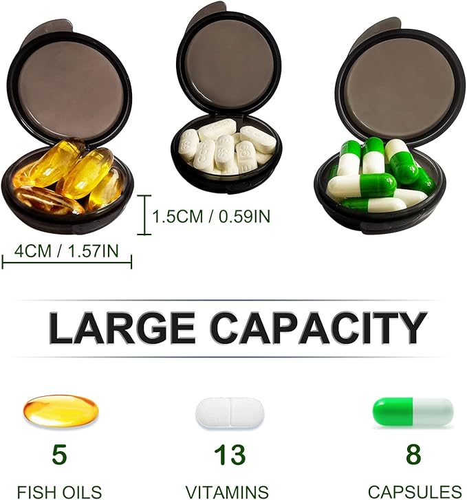 Pill Organizer for Pocket, Mini Pill Box for Pocket Purse, Portable Travel Pill Container, Small Secure Storage for Supplements & Daily Care (Black 6 PCS)