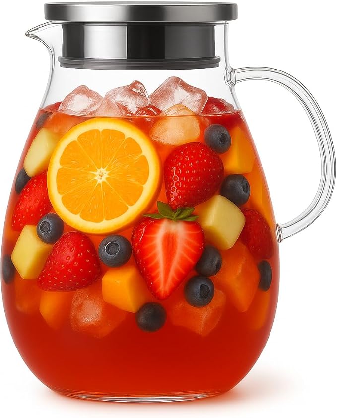 2.5L Extra Large Glass Pitcher Water Jug with Lid – Ideal for Lemonade, Iced Tea, or Fruit Punch, Perfect for BBQ, Picnic, and Family Gathering