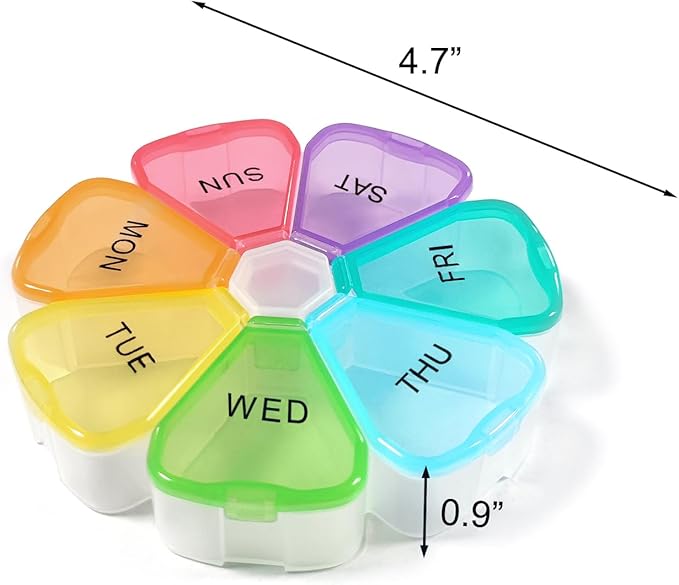 Quacc Cute Weekly Pill Organizer Travel 7 Day Portable Round Floral Pill Case Box Pill Container Medcine Holder for Large Vitamin Fish Oil Pill Medication Supplement Storage - Rainbow