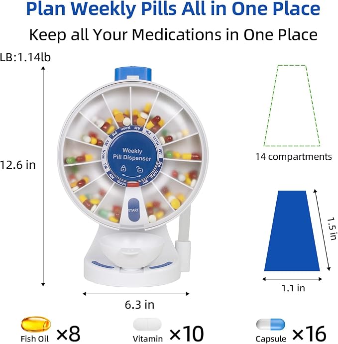 EziMedPil Pill Dispenser Daily, 14 Days Large Pill Organizer with One-Press Button, Standing Use or Wall-Mounted or Glass-Sticking Pill Container w/Med Cup, Weekly Pill Box for Vitamin,Medicine (Blue)