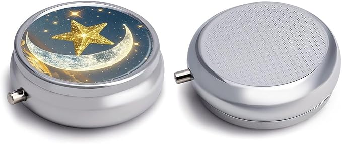 Golden Stars and Moon Pill Box Travel Pill Case for Purse Pocket Weekly Medicine Organizer with Mirror 3 Compartment Round Medicine Case Portable PillcaseHolder for Daily