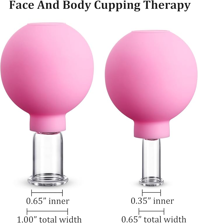 Nuanchu 2 Pieces Glass Face Cupping Set, Facial Cupping Cups Glass Silicone Cups Vacuum Suction for Face Skin Back Shoulder Muscle(1 Inch and 0.65 Inch Diameter,Pink)