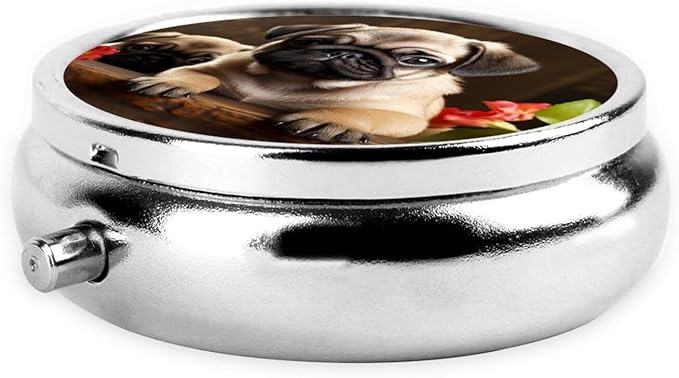 Puppys Pug Print Pill Box 3 Compartment Small Pill Case Portable Pill Box for Pocket Or Purse Cute Medicine Organizer Holder to Hold Vitamins Medication
