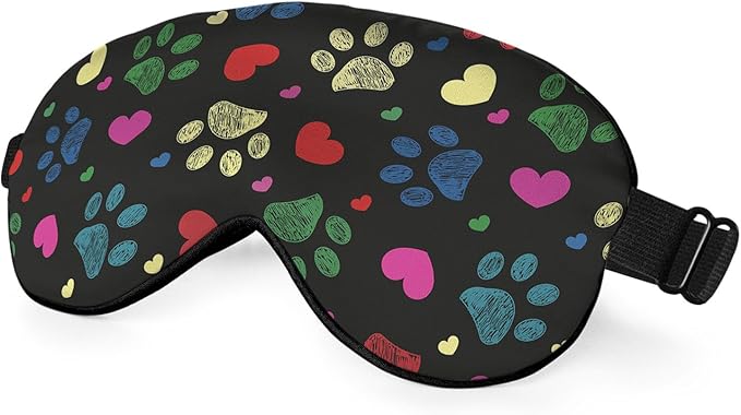Paw Hearts Print Sleep Eye Mask Colorful Love Pet Footprints Black Silk Eye Mask Sleeping Soft Eye Shade Cover for Men Women Boy Girl Airplane Travel with Elastic Strap