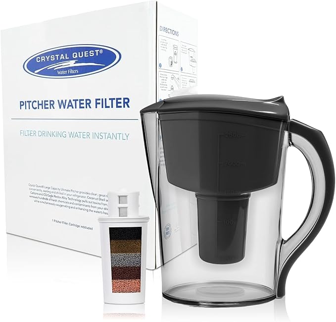 Crystal Quest Water Filter Pitcher - 12-Cup Capacity, Includes 1 Long-Life Filter, BPA Free, Meets NSF Standard 42 - Filters up to 2,000 Gallons – Alkalizing/Black