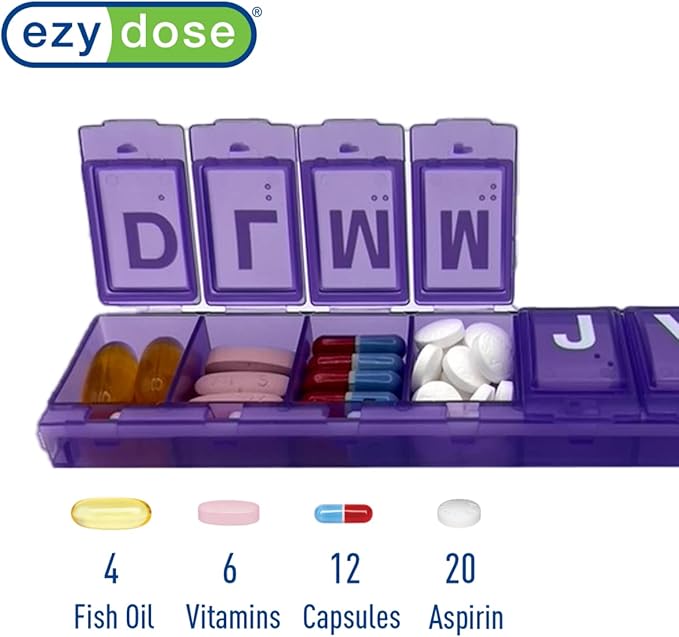EZY DOSE Weekly (7-Day) Pill Organizer, Vitamin and Medicine Box, Medium Locking Compartments, 4 Times a Day, Colors May Vary, Spanish Imprints