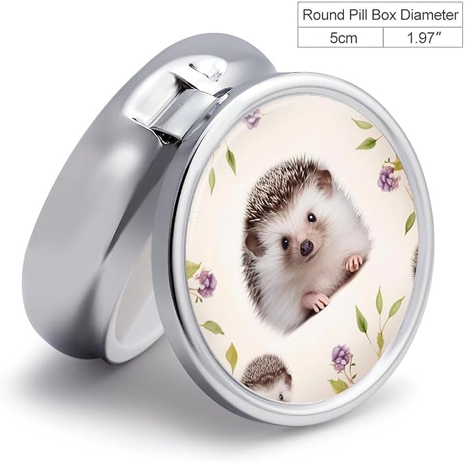 Cute Baby Hedgehog Pill Box Travel Pill Case for Purse Pocket Weekly Medicine Organizer with Mirror 3 Compartment Round Medicine Case Portable PillcaseHolder for Daily