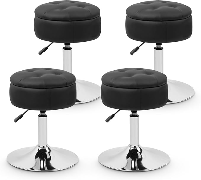 Salon Stool with Big Storage Set of 4, Height Adjustable 361° Swivel Modern Round Leather Tufted Makeup Vanity Stools for Massage Facial Spa Beauty Nail Medical Clinic Tattoo Barber, Black