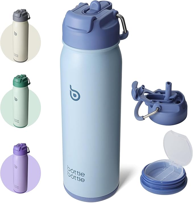 BOTTLE BOTTLE 24oz Insulated Water Bottle Stainless Steel Sport Water Bottle with Straw and Adjustable Lid Daily Pill Organizer