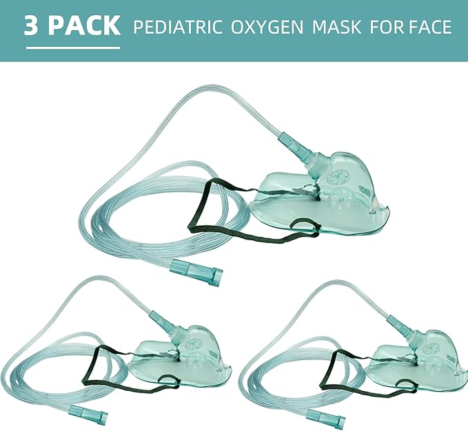 3 Pack Pediatric Oxygen Mask for Face with 7 Ft Tube, Kid Oxygen Mask with Adjustable Elastic Strap - Pediatric Elongated Size