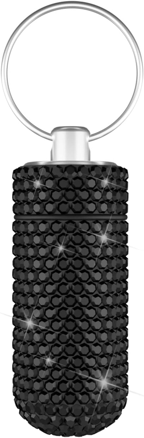 Yuchew Bling Pill Case Pill Container Rhinestone Pill Box Portable Waterproof Pocket Pill Holder Storage Bottle with Keychain for Travel, Outdoor, Camping (Black)