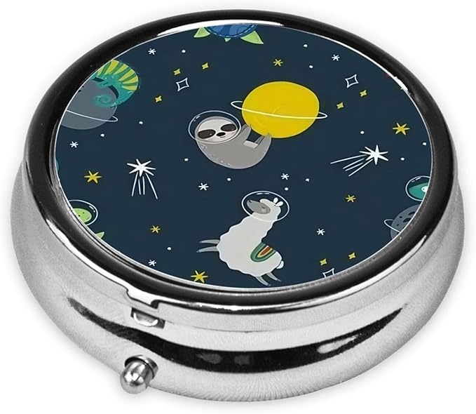 Metal Silver 3 Compartment Pill Box Pocket Portable Mini Travel Pill Case Small Round Decorative Medicine Box Vitamin Pill Organizer with Animal Planet