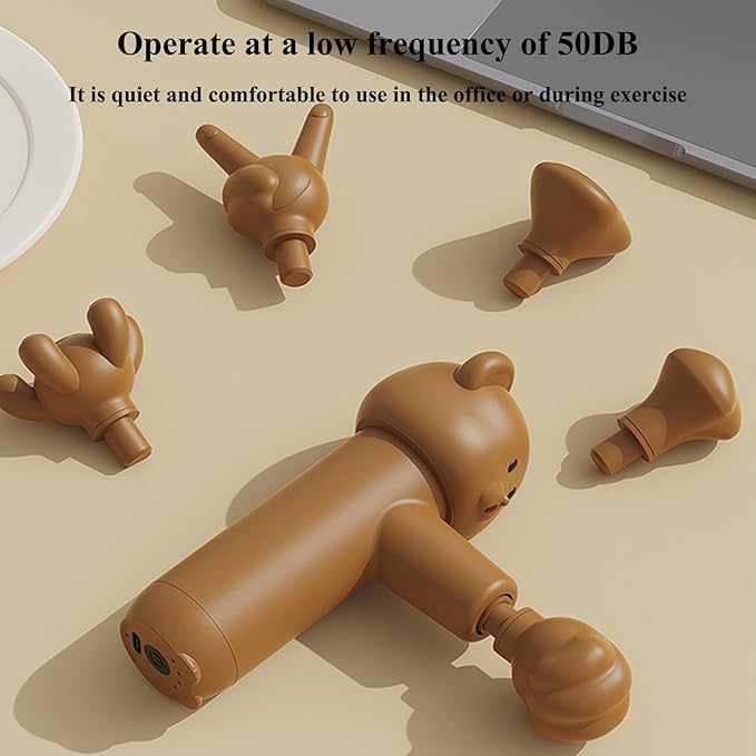 Mini Massage Gun with Bear Design, 5 Interchangeable Heads,4-Speed Regulation, Deep Tissue Percussion Massager for Athletes, Pain Relief (Brown)