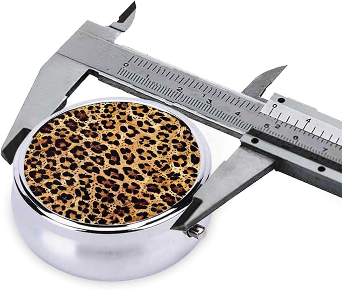 Cheetah Leopard Brown Print Round Metal Pill Box with 3 Compartment for Pocket or Purse Travel Bag Mini Small Size 2 inche