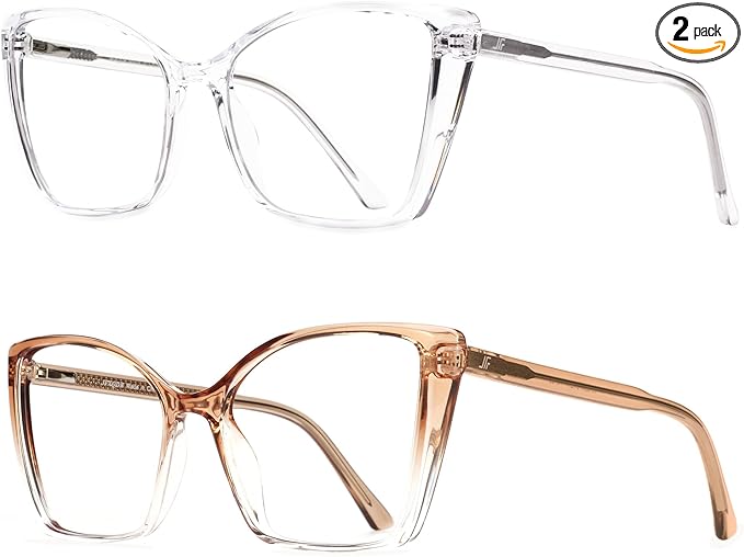 2 Pack Blue Light Blocking Glasses for Women, Oversized Trendy Cat Eye Computer Gaming Glasses Anti Glare & UV Glare RF6204 (Clear + Clear Gradient Brown Cateye Frame)