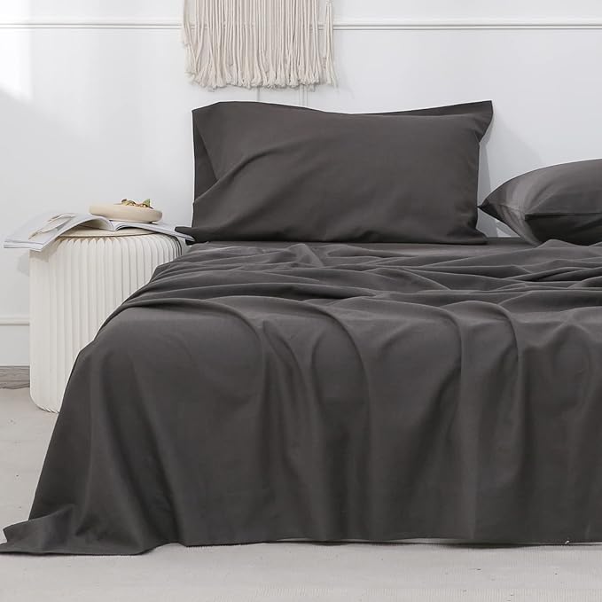 Simple&Opulence Belgian Linen Sheet Set Solid Color - 3 Pieces (1 Flat Sheet, 1 Fitted Sheet & 1 Pillowcase) Natural Flax Cotton Blend Soft Breathable Farmhouse Bedding - Twin Size, Dark Grey