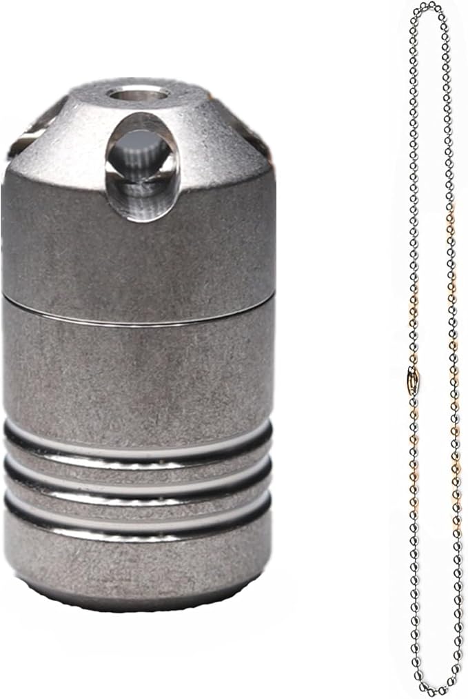 Titanium PEI Pill Container with Keychain & Necklace,Waterproof Pill Box, EDC Portable Pill Container for Portable Mini Size Pill Box Case for Outdoor Travel Camping (Ti-Cylinder)
