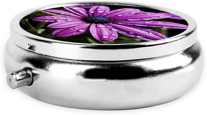 Purple Daisy Print Pill Box 3 Compartment Small Pill Case Portable Pill Box for Pocket Or Purse Cute Medicine Organizer Holder to Hold Vitamins Medication