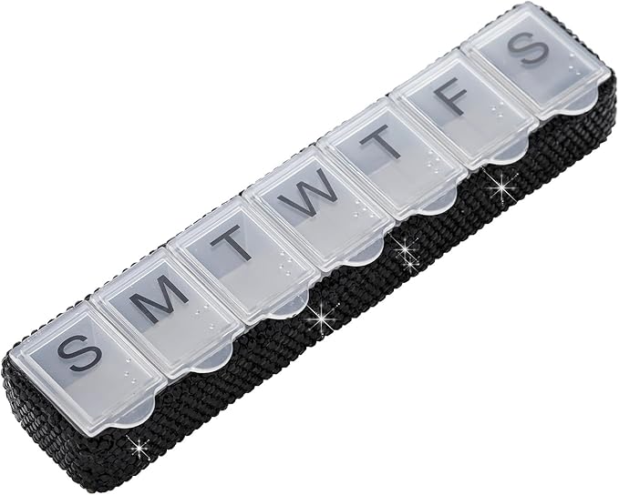 Weekly Pill Organizer 7 Day Small Pill Case Medicine Holder Daily Pill Box Bling Vitamin Container Medication Cases Organizers(Black)