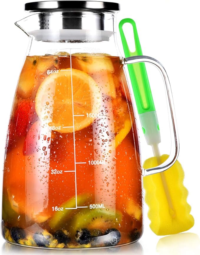 Aofmee Glass Pitcher with Lid, 68oz Water Pitcher with Handle and Precise Scale Line, Stainless Steel Iced Tea Carafe, Heat Resistant Borosilicate Jug for Juice, Milk, Cold or Hot Beverages