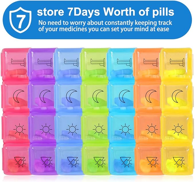 Weekly Pill Organizer Box Case Travel Medication Reminder Daily AM PM, Day Night 7 Open Lid Compartments in Leather Carrying Case
