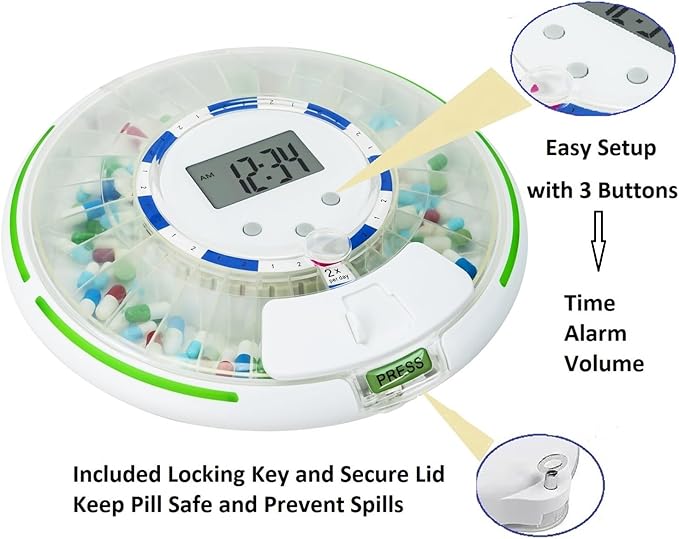 Automatic Pill Dispenser，Lock 28-Day Medication Organizer, Up to 6 Doses Per Day, 6 Dosage Templates, Sound & Light Alerts & Key for Vitamins, Supplements (Frosted Lid)