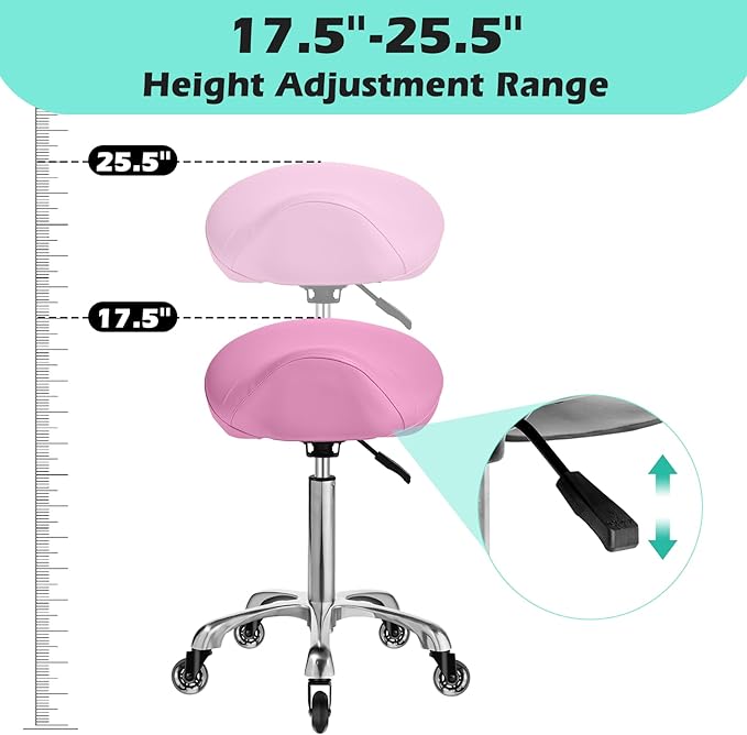 Saddle Stool with wheels Ergonomic - Heavy Duty 400lbs, Upgraded Thick Saddle Cushion, Healthy Posture Correction, Swivel Adjustable Rolling Saddle Stool, Saddle Chair for Salon Massage Home (Pink)