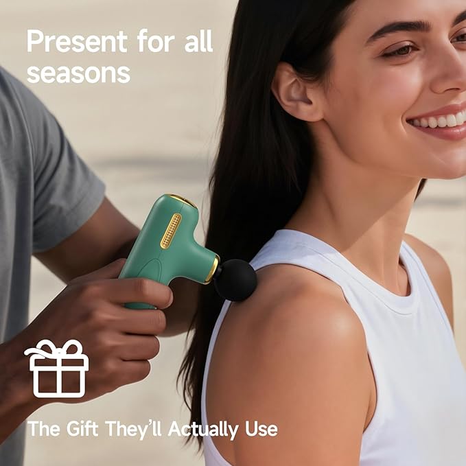 Super Mini Massage Gun Deep Tissue, Handheld Muscle Massager with 4 Heads, Quiet Percussion Travel Size Massager for Back Pain Relief, Home, Gym & Office, Green