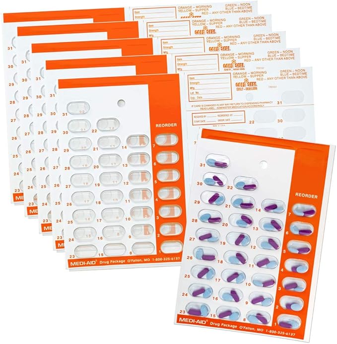 Color Coded Monthly 31 Day Medication Blister Cards Cold Seal - Use Colors for Daily, AM/PM, 3X, 4X, 5X a Day Pill Organizer (6 Pack Orange)