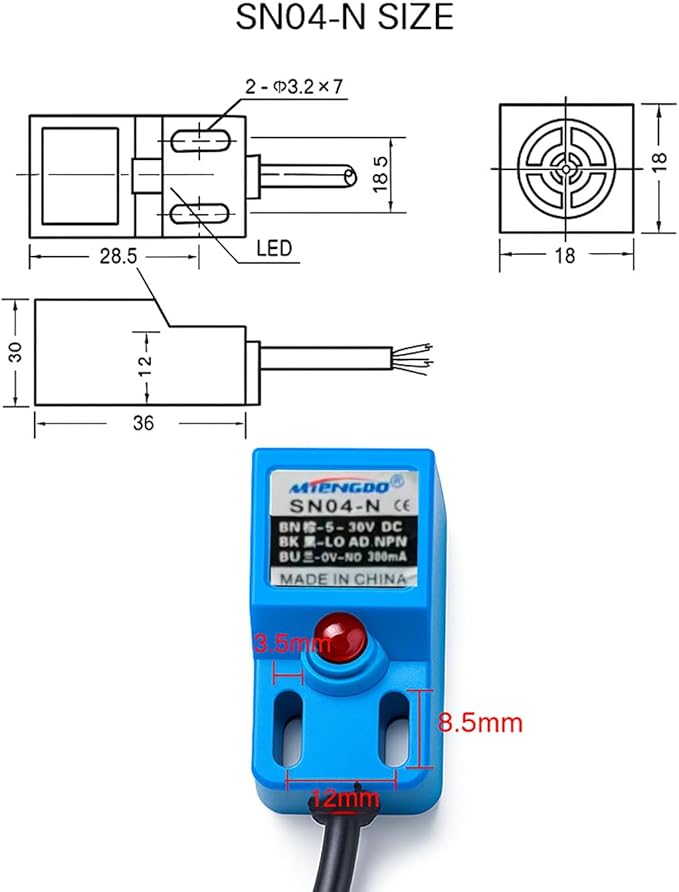 Inductive Proximity Sensor SN04-N NPN NO Normally Open Detection Approach Switch with SN Bracket (Blue, 2 Pack)