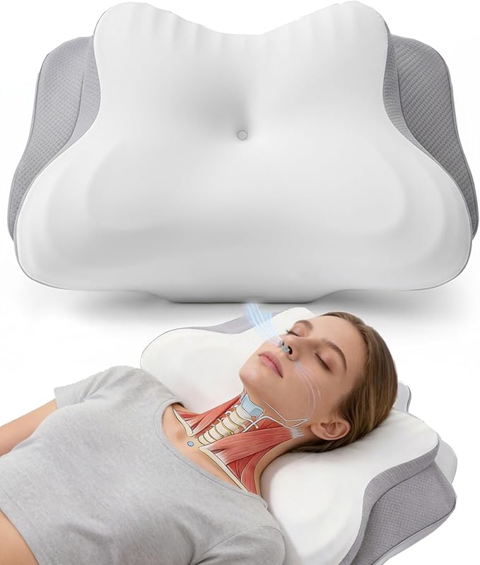 Cervical Pillow for Neck Pain & Side Sleepers Patented Ergonomic Memory Foam Pillow – Adjustable Height for Back & Side Sleeping, Anti-Snoring (Grey+White, 130-175 lbs)