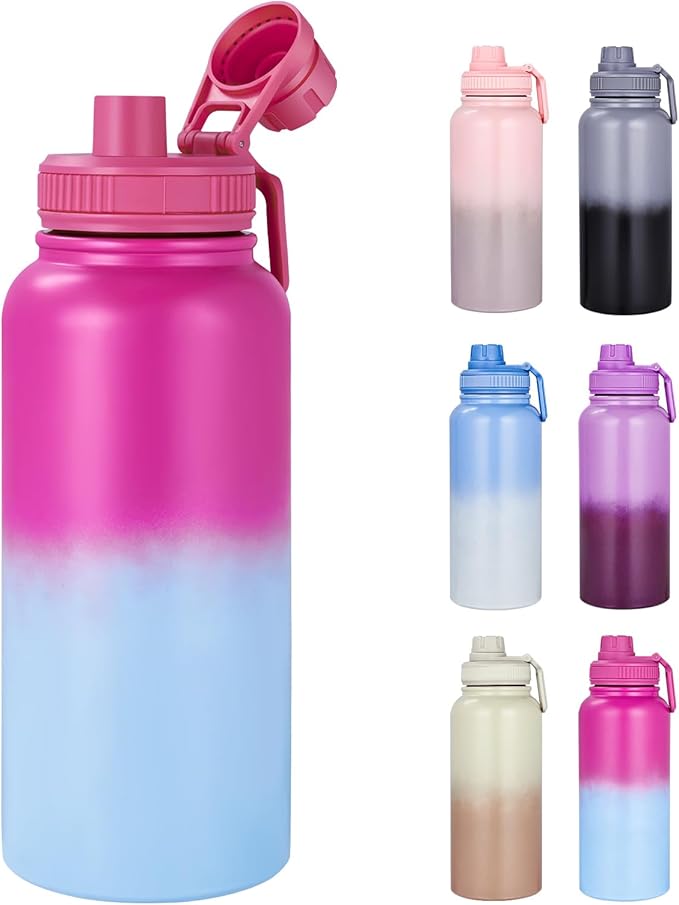 Motivational Water Bottle 32oz with Time Marker- Leakproof & BPA Free Sports Water Bottle with Straw & Carry Strap for Gym, Travel and Outdoor Sports (Stainless steel insulation-PurpleBlue)