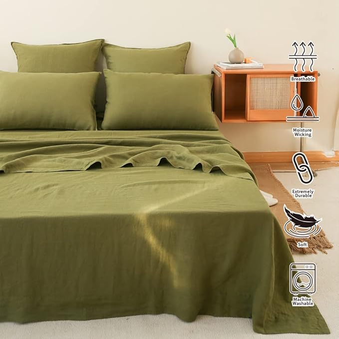 Simple&Opulence Washed Linen Bed Sheet Set Basic Style 4 Pieces (1 Flat Sheet & 1 Fitted Sheet & 2 Pillowcases) 100% Natural French Flax Soft Breathable Farmhouse Bedding (Queen, Olive Green)