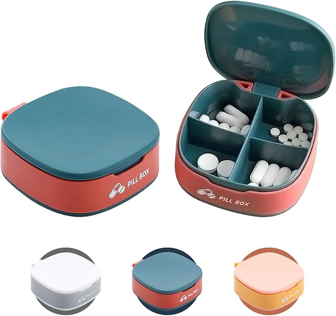 Pill Box 4 Compartment Pill Container for Purse, Portable Medicine Organizer Daily Vitamin Organizer Small Pill Case Cute Pill Organizer Travel Pill Holder Vitamin Organizer (Blue, 1PCS)
